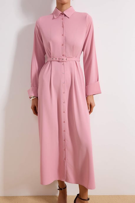 Rosa, flaches, langes, lässiges/alltagstaugliches A-Linien-Hijab-Kleid für Damen - Image 2