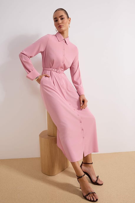 Rosa, flaches, langes, lässiges/alltagstaugliches A-Linien-Hijab-Kleid für Damen - Image 4
