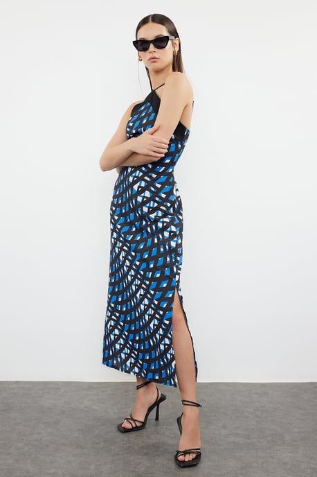 Maxikleid mit geometrischem Muster, Spaghettiträgern, Abend-/Alltagskleid, normale Passform - Image 1
