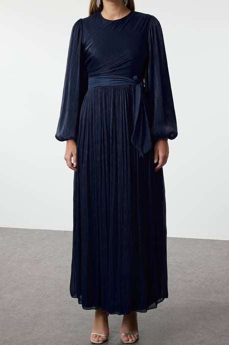 Damen marineblaues gerades langes elegantes Abendkleid mit Hijab - Image 3