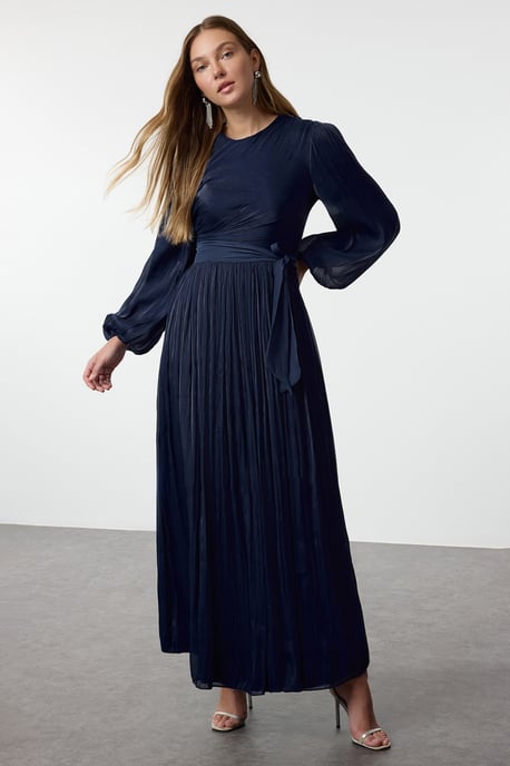 Damen marineblaues gerades langes elegantes Abendkleid mit Hijab - Image 4