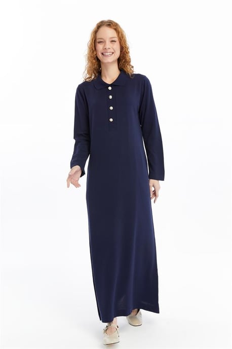 Damen Hemd Kragen Detailed Halbplacket Thin Seasonal Cold Yarn Strickwaren Kleid Marineblau - Image 3