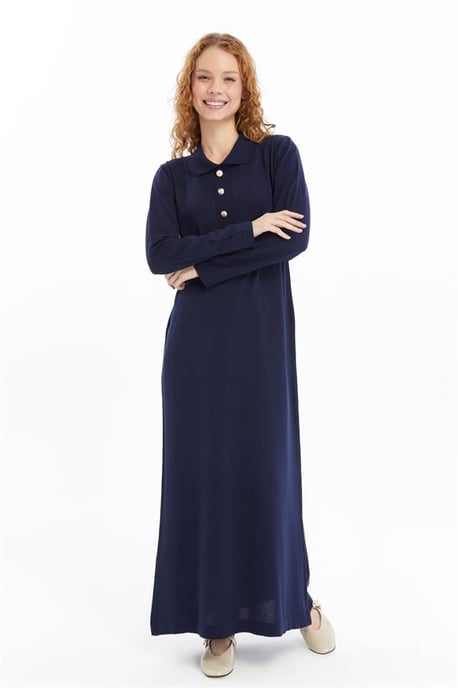 Damen Hemd Kragen Detailed Halbplacket Thin Seasonal Cold Yarn Strickwaren Kleid Marineblau - Image 4