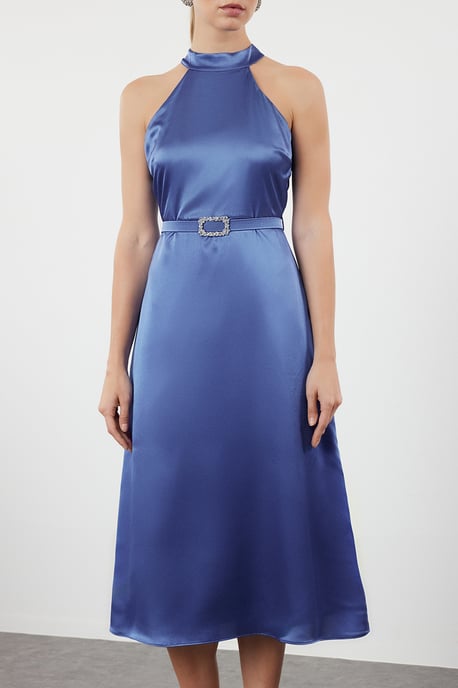 Damen Blau Unifarben Midi Ärmelloses Figurbetontes Abschluss- / Ballkleid - Image 2
