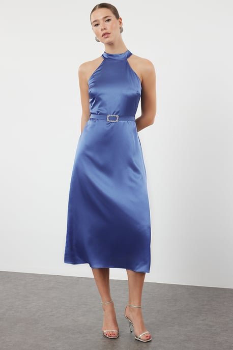 Damen Blau Unifarben Midi Ärmelloses Figurbetontes Abschluss- / Ballkleid - Image 4