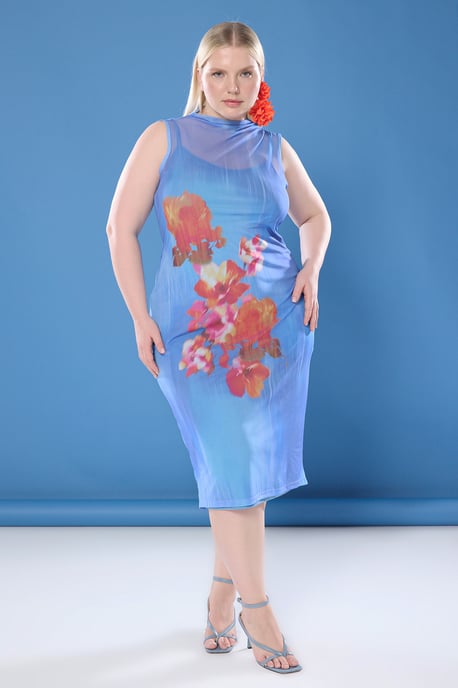 Curve Damen Sehr farbenfrohes, ärmelloses Midikleid mit Blumenmuster in Übergröße, lässig/alltagstauglich, figurbetont. - Image 1