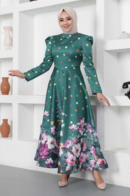 Blumen Gepunktet Satin Abendkleid Smaragdgrün - Image 3