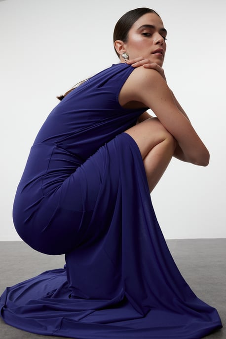 Damen Blau Unifarben Maxi Langes Abschlussball-/Abendkleid, figurbetont - Image 4
