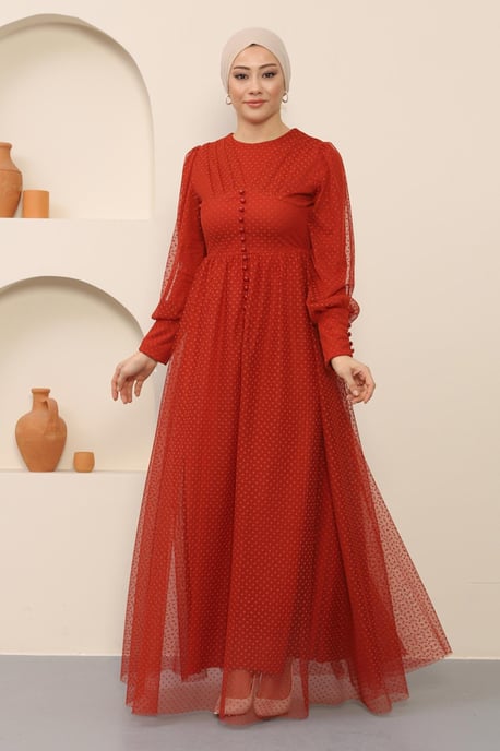 Knopf Detailed Tüll Abendkleid Ziegelrot - Image 2