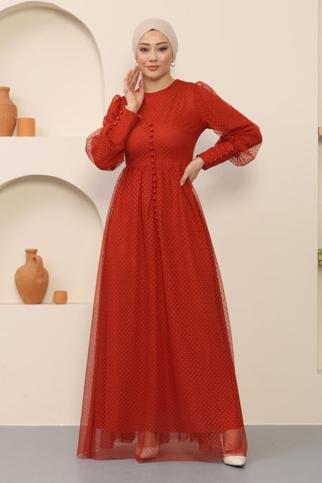 Knopf Detailed Tüll Abendkleid Ziegelrot - Image 3