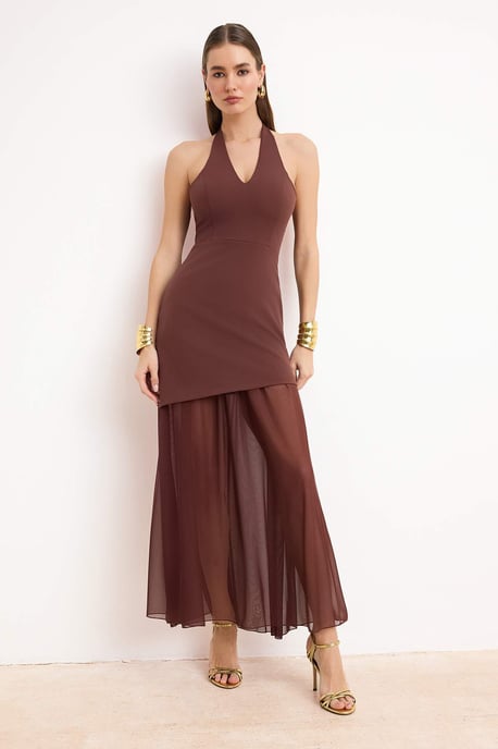 Braunes, flaches, ärmelloses Maxikleid für Damen, ideal für Abschlussfeiern, Abiball und Abendveranstaltungen - Image 1