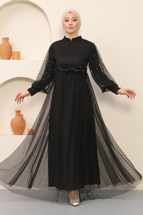 Perlen Detailed Tüll Abendkleid Schwarz - Image 1