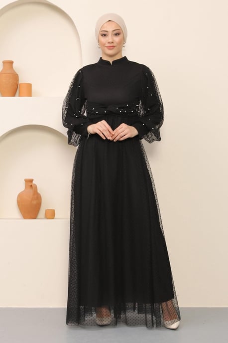 Perlen Detailed Tüll Abendkleid Schwarz - Image 2
