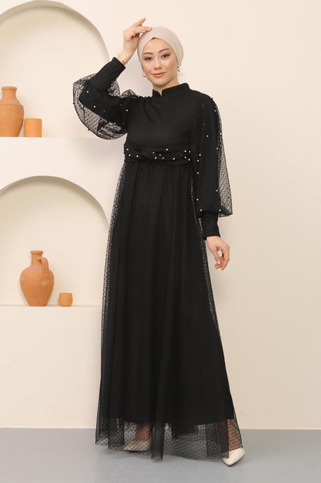 Perlen Detailed Tüll Abendkleid Schwarz - Image 3
