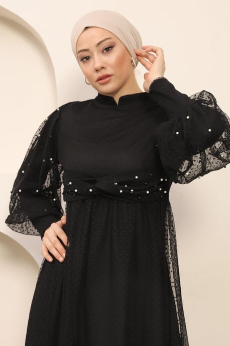 Perlen Detailed Tüll Abendkleid Schwarz - Image 4