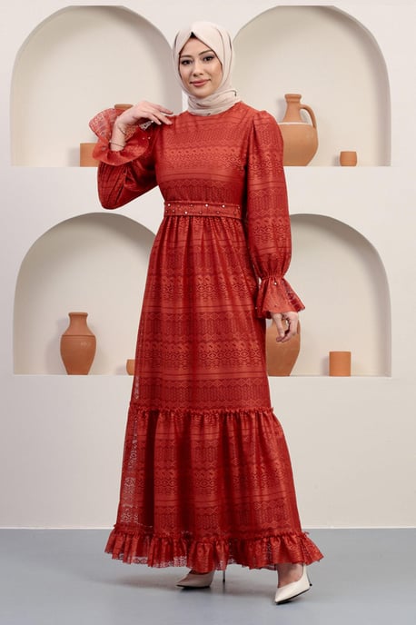 Perlen Detailed Spitzen Abendkleid Ziegelrot - Image 1