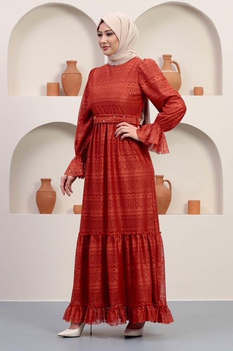 Perlen Detailed Spitzen Abendkleid Ziegelrot - Image 2