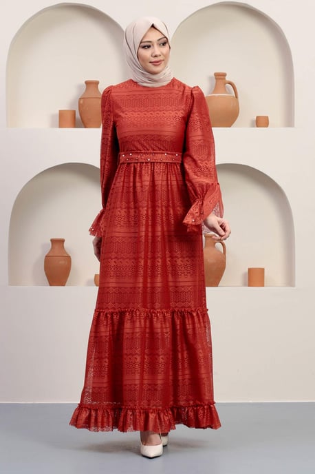 Perlen Detailed Spitzen Abendkleid Ziegelrot - Image 3