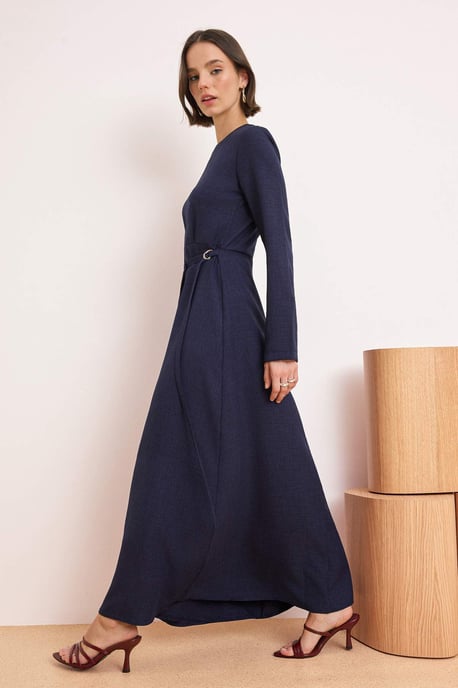 Marineblaues, flaches, langes Skater-Hijab-Kleid für Damen - Image 4