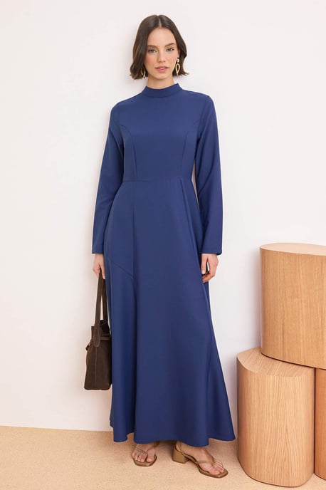 Marineblaues, flaches, langes Skater-Hijab-Kleid für Damen - Image 1
