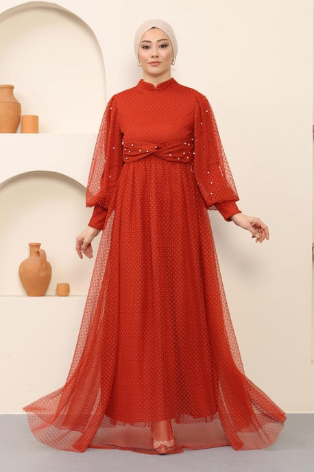 Perlen Detailed Tüll Abendkleid Ziegelrot - Image 1