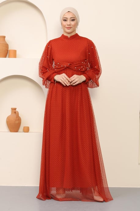 Perlen Detailed Tüll Abendkleid Ziegelrot - Image 2