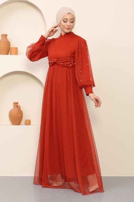 Perlen Detailed Tüll Abendkleid Ziegelrot - Image 3
