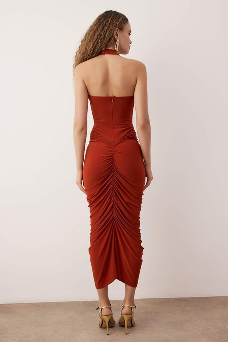Braunes, einfarbiges, ärmelloses Midi-Cocktailkleid für Damen - Image 3