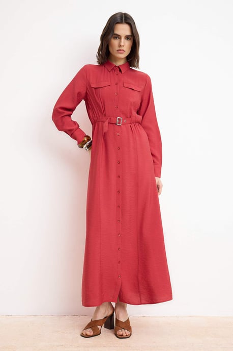 Braunes, flaches, langes, lässiges/alltagstaugliches A-Linien-Hijab-Kleid für Damen - Image 1