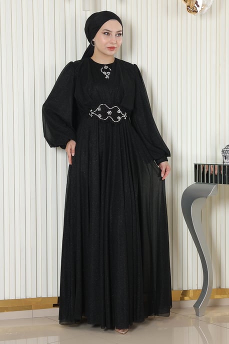 Perlen Detailed Drapiert Glitzernd Abendkleid Schwarz - Image 2