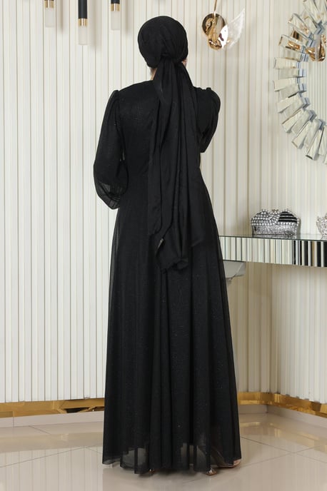 Perlen Detailed Drapiert Glitzernd Abendkleid Schwarz - Image 3