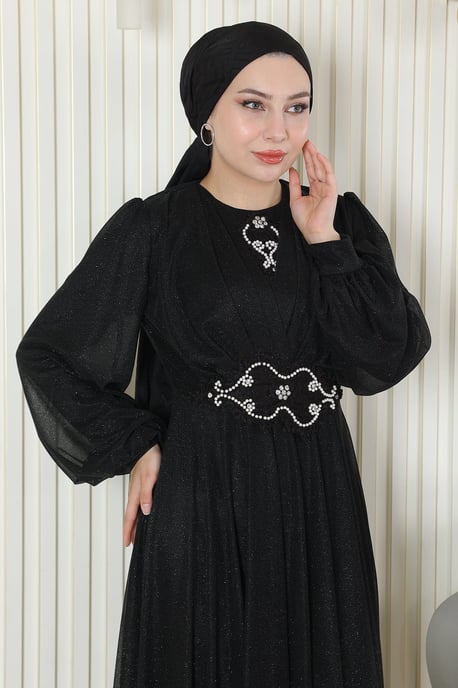 Perlen Detailed Drapiert Glitzernd Abendkleid Schwarz - Image 4
