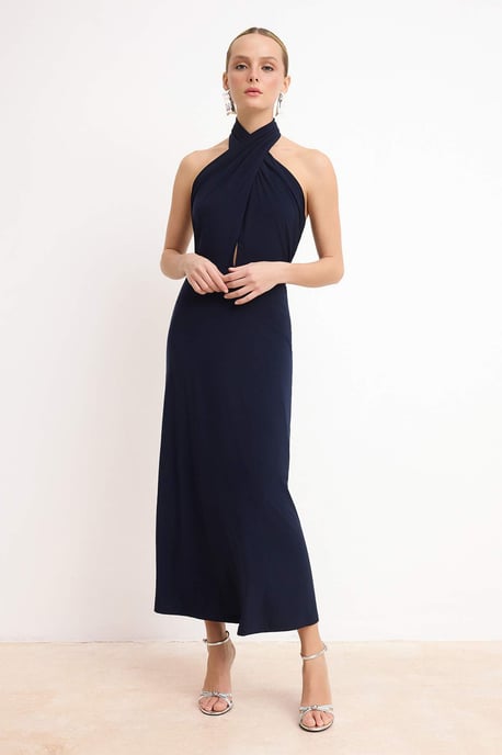 Marineblaues, flaches, ärmelloses, elegantes Midi-Kleid für Damen/Nachtkleid - Image 1