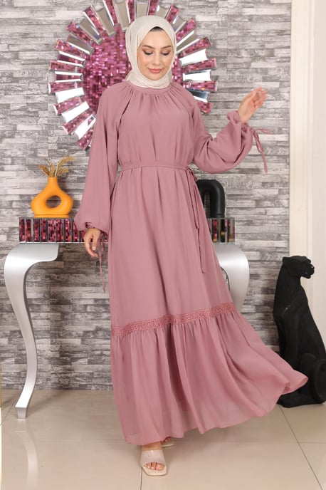 Spitzen Detailed Chiffon Abendkleid Altrosa - Image 1