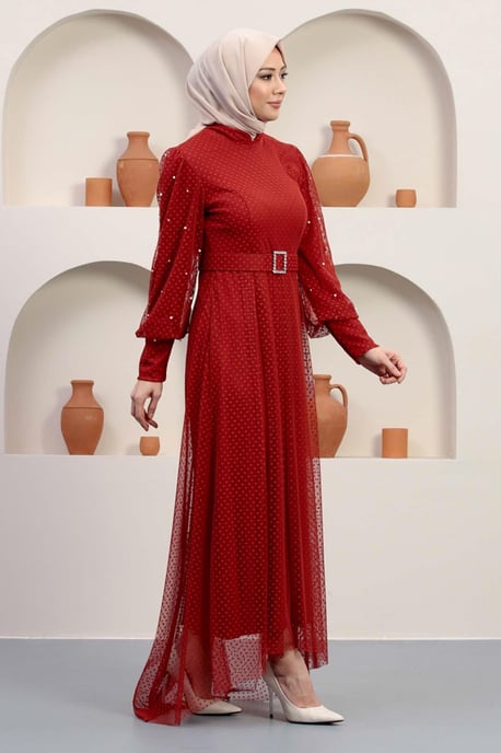 Tüll Abendkleid With Stein Gürtel, Ziegelrot - Image 2
