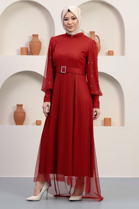 Tüll Abendkleid With Stein Gürtel, Ziegelrot - Image 3