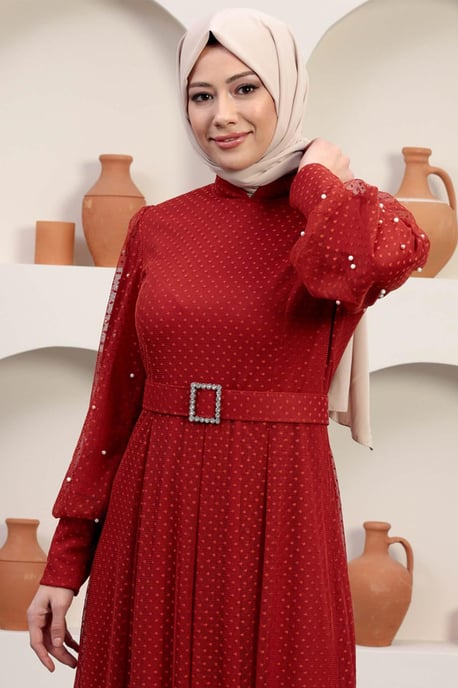 Tüll Abendkleid With Stein Gürtel, Ziegelrot - Image 4