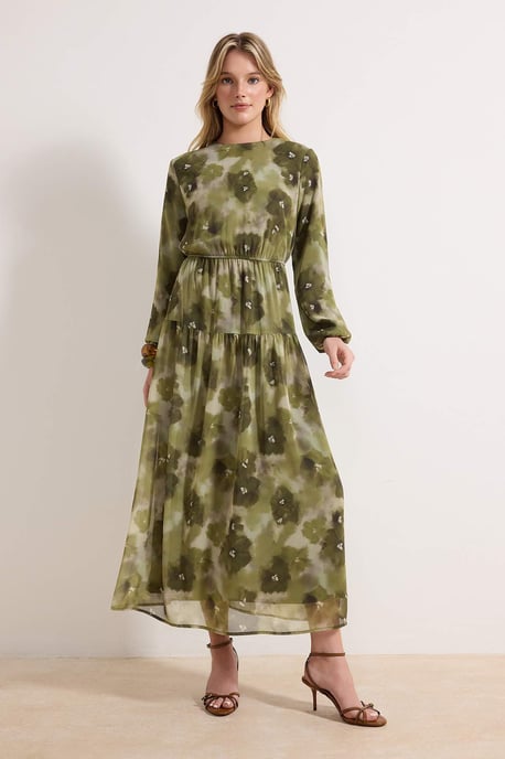 Turkishsouq Langes geblümtes Maxikleid, A-Linie, Alltags-/Hijab-Stil - Grün - Image 1