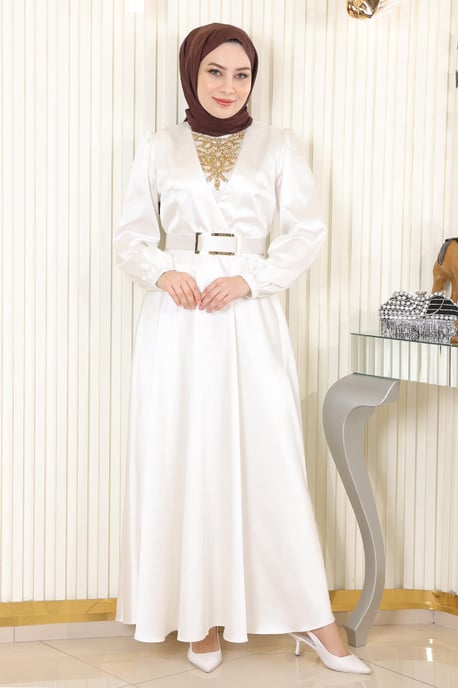 Stein Detailed Satin Abendkleid Weiß - Image 1