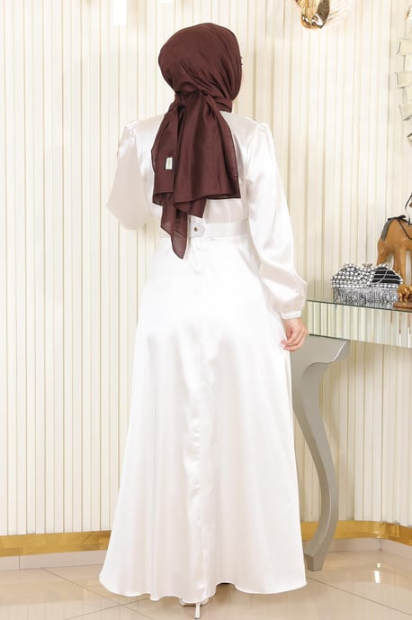 Stein Detailed Satin Abendkleid Weiß - Image 3