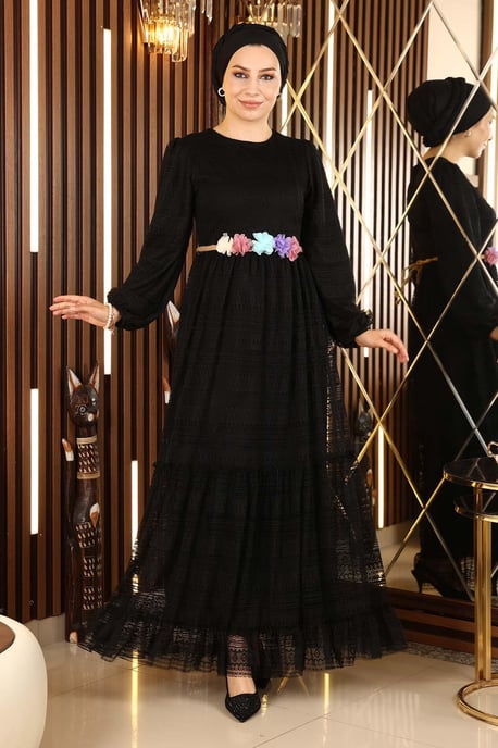 Spitzen Gürtel Blumen Kleid Schwarz - Image 1