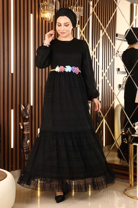 Spitzen Gürtel Blumen Kleid Schwarz - Image 2