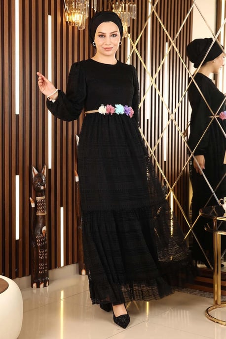 Spitzen Gürtel Blumen Kleid Schwarz - Image 3