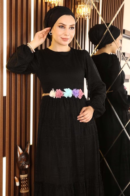 Spitzen Gürtel Blumen Kleid Schwarz - Image 4