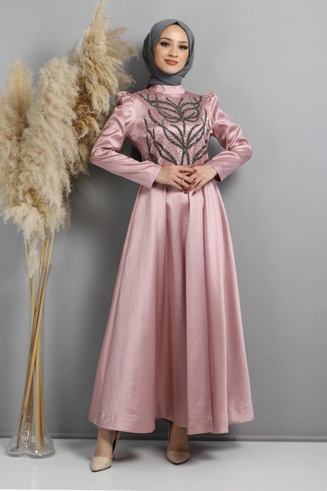 Mit Steinen Gebrannt Gemustert Abendkleid, Altrosa - Image 1