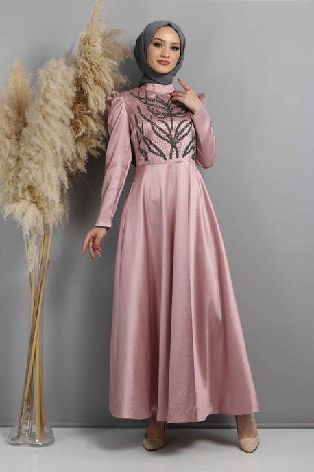 Mit Steinen Gebrannt Gemustert Abendkleid, Altrosa - Image 2