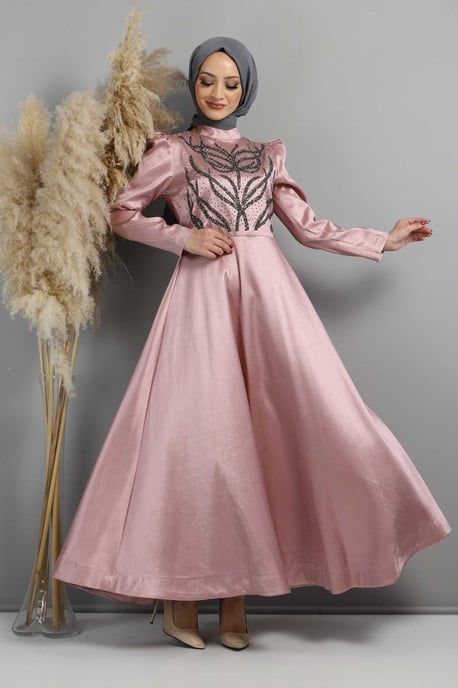 Mit Steinen Gebrannt Gemustert Abendkleid, Altrosa - Image 3