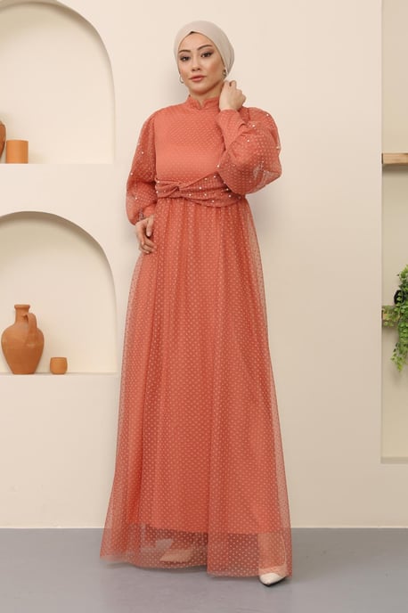 Perlen Detailed Tüll Abendkleid Lachs - Image 2