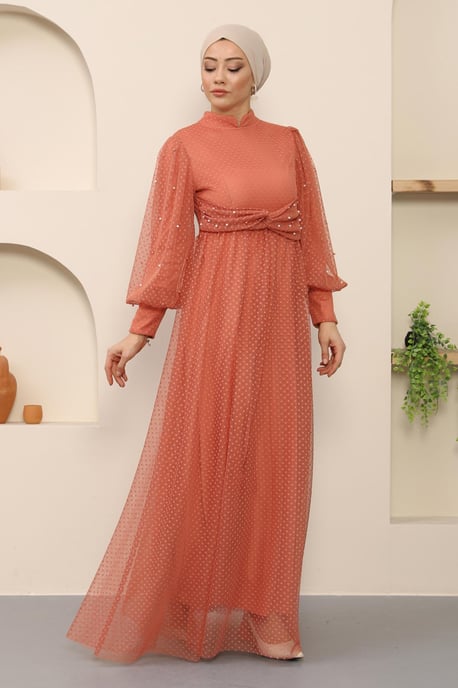 Perlen Detailed Tüll Abendkleid Lachs - Image 3