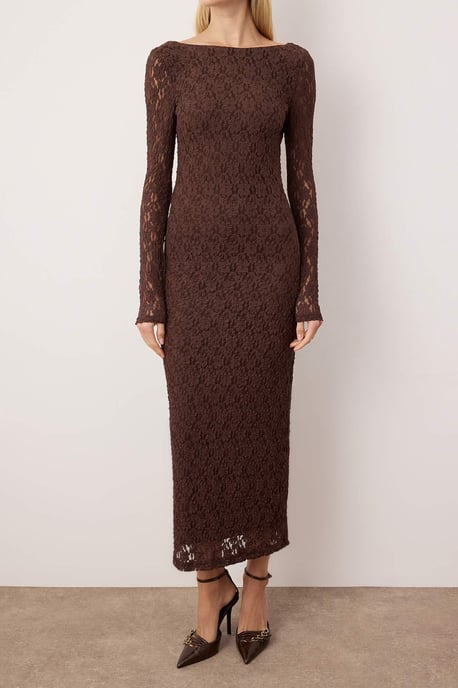 Braunes, einfarbiges, langes, schickes/figurbetontes Maxikleid für Damen - Image 2